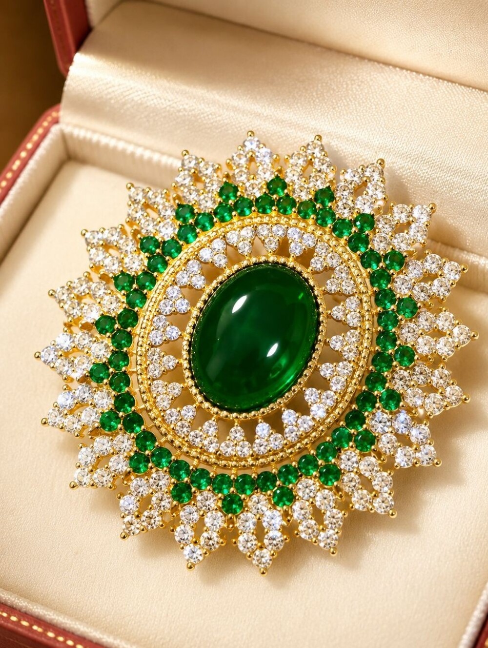 Gold-Tone Emerald and Clear Sunburst Brooch - Picture 4 of 5